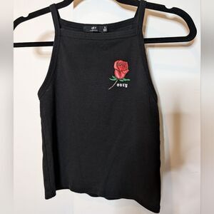 Obey Black Crop Tank Top with Rose Graphic